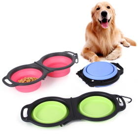 Rubber Folding Double Bowl Portable Pet Feeding Watering Bowl Outdoor Dog Food Bowl Cat Folding Food Multicolor Utensils - Green