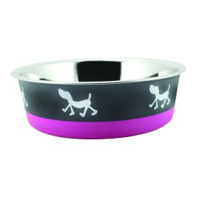 Stainless Steel Pet Bowl with Anti Skid Rubber Base and Dog Design; Gray and Pink - as Pic