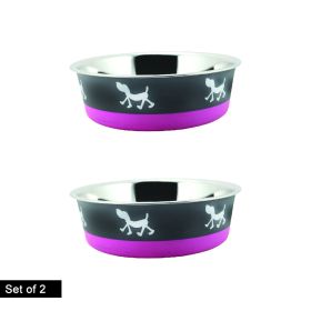 Stainless Steel Pet Bowl with Anti Skid Rubber Base and Dog Design; Gray and Pink-Set of 2 - as Pic